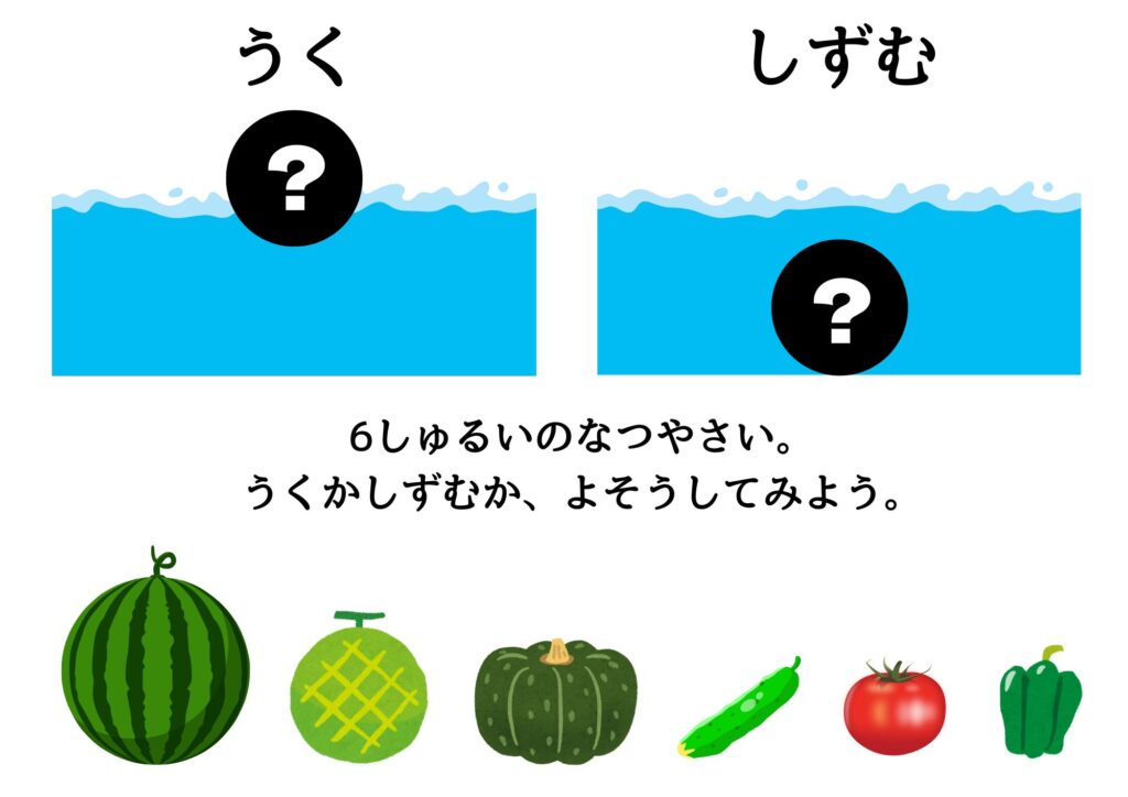 6種類の夏野菜が浮くのか沈むのか予想してみよう