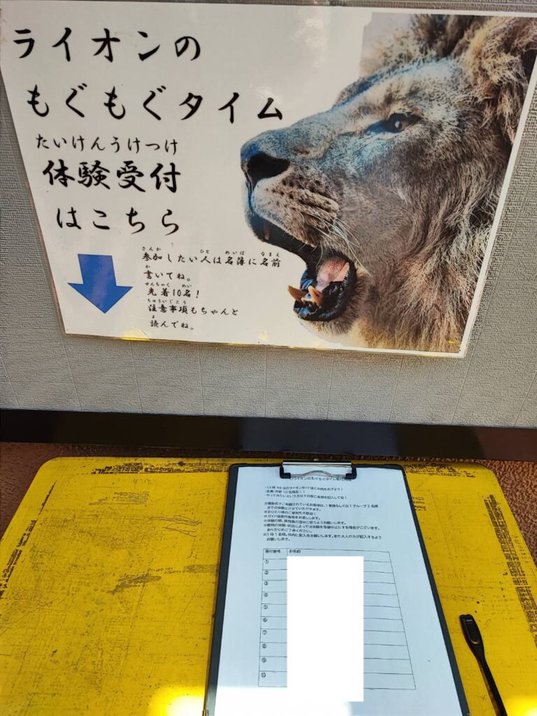 かみね動物園のらいおんエサやり体験ができる名簿