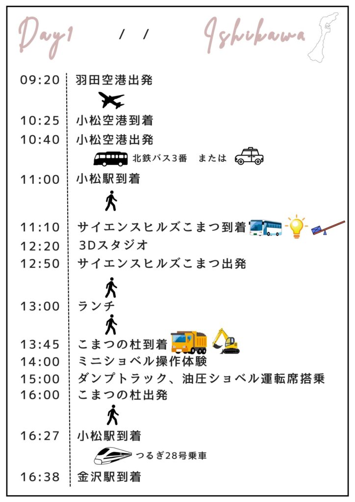 乗り物好きっ子のための、羽田空港発、石川県小松市で1日過ごすためのモデルコール旅程表