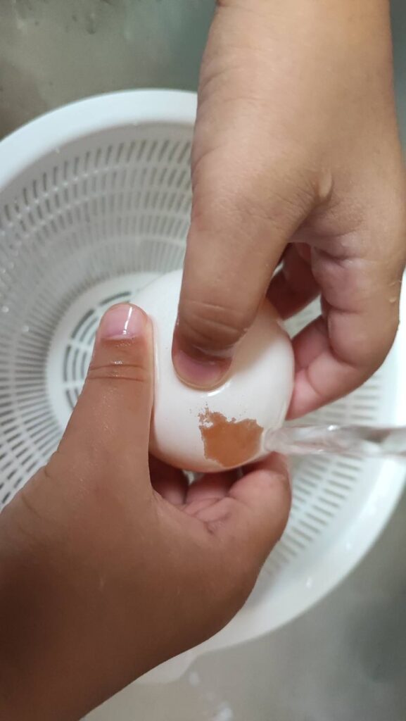 卵に水をかけながら殻を取っている様子