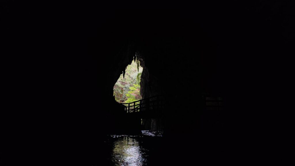 秋芳洞の正面入口から入って振り返って見える景色